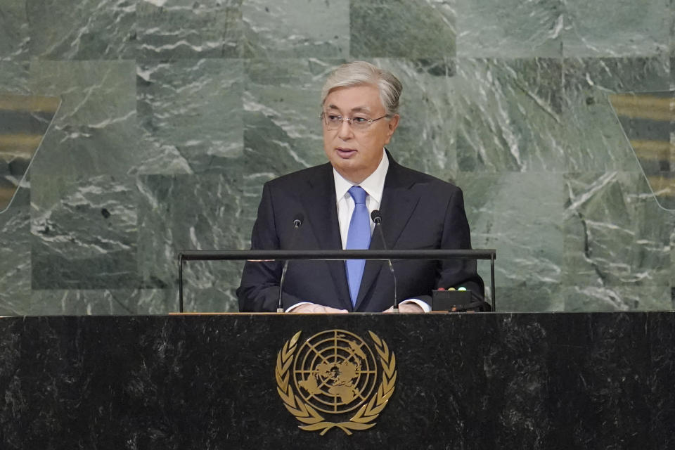 President of Kazakhstan Kassym-Jomart Tokayev addresses the 77th session of the United Nations General Assembly, Tuesday, Sept. 20, 2022 at U.N. headquarters. (AP Photo/Mary Altaffer)