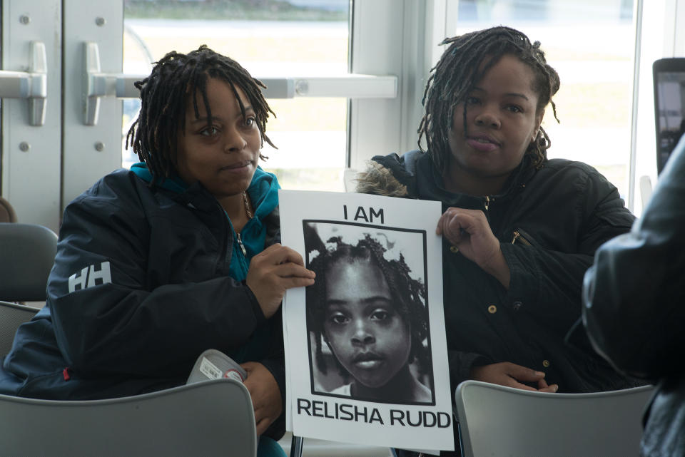 Shamika Young, left, Relisha's mother, and Shamika's godsister Kinnicia Williams attend a remembrance celebration of Relisha Rudd at the Deanwood Recreation Center in Washington, D.C. on Feb. 27, 2016.<span class="copyright">Marvin Joseph—The Washington Post/Getty Images</span>