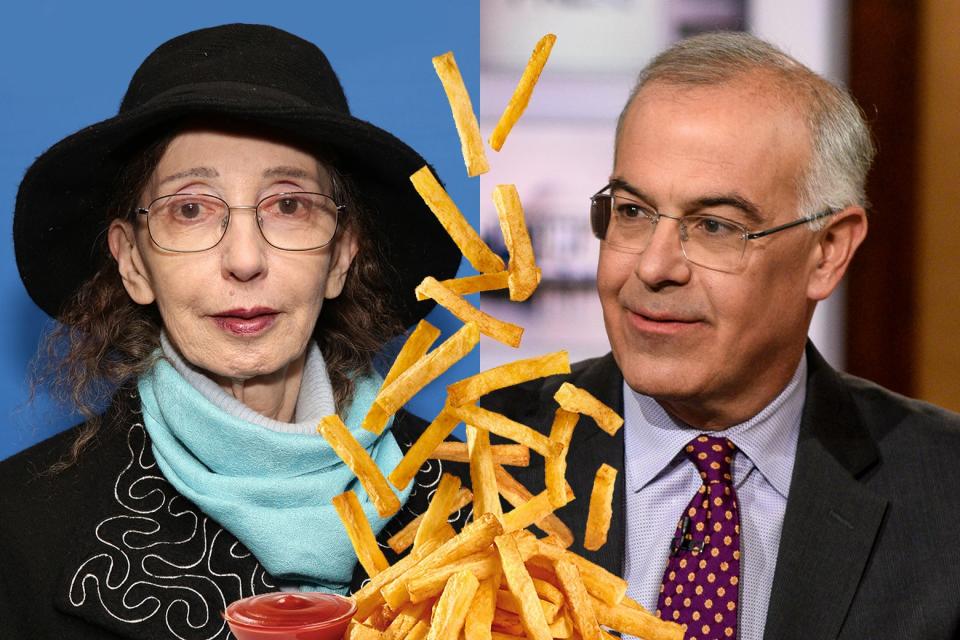 A side-by-side of Joyce Carol Oates and David Brooks, with a cascading pile of fries and ketchup between them.