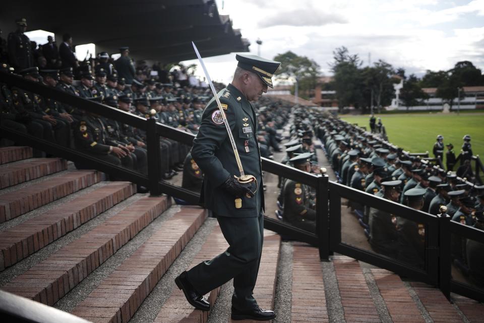 Gen. Luis Emilio Cardozo attends his swearing-in ceremony as the new Colombian Army commander, at the José María Córdoba military academy and base, in Bogota, Friday, May 31, 2024. (AP Photo/Ivan Valencia)