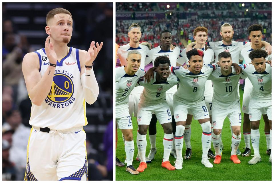 In a side-by-side photo, Donte DiVincenzo claps during a Warriors game while the US men's soccer team poses before a World Cup match.