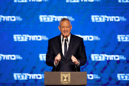 Benny Gantz, head of Blue and White party, delivers a speech following the announcement of exit polls in Israel's parliamentary election at his party headquarters in Tel Aviv, Israel April 10, 2019. REUTERS/Amir Cohen