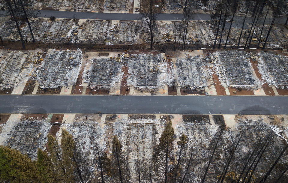 FILE- This Dec. 3, 2018, file photo, shows homes leveled by the Camp Fire line the Ridgewood Mobile Home Park retirement community in Paradise, Calif. Pacific Gas & Electric limped into bankruptcy vilified for its long-running neglect of a crumbling electrical grid that ignited horrific Northern California wildfires that left entire cities in ruins. After nearly a year-and-a-half of wrangling during one of the most complex bankruptcy cases in U.S. history, it’s unclear if PG&E is now any better equipped to protect the 16 million people who rely on it for power. (AP Photo/Noah Berger, File)