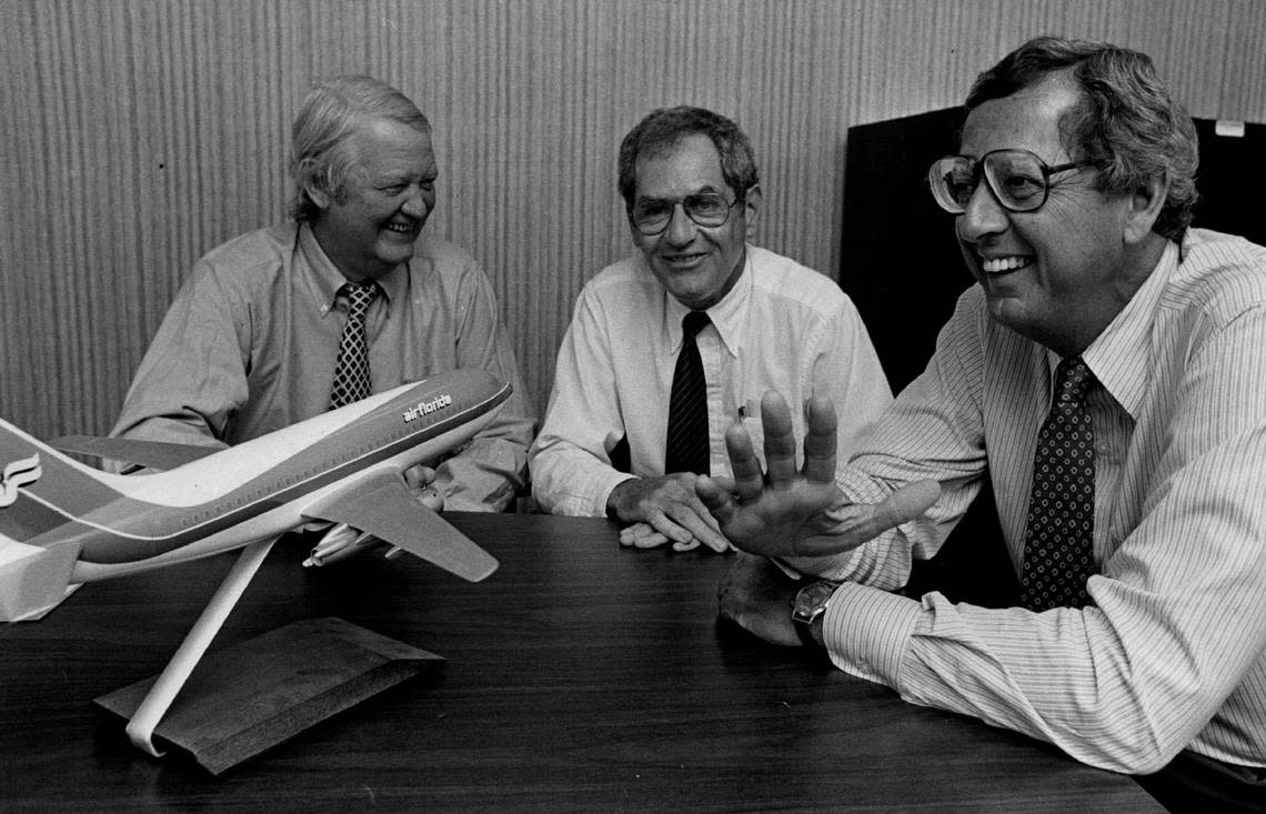 Air Florida executives, left to right, Bob Booth, Eli Timmoner and Ed Acker in 1980.