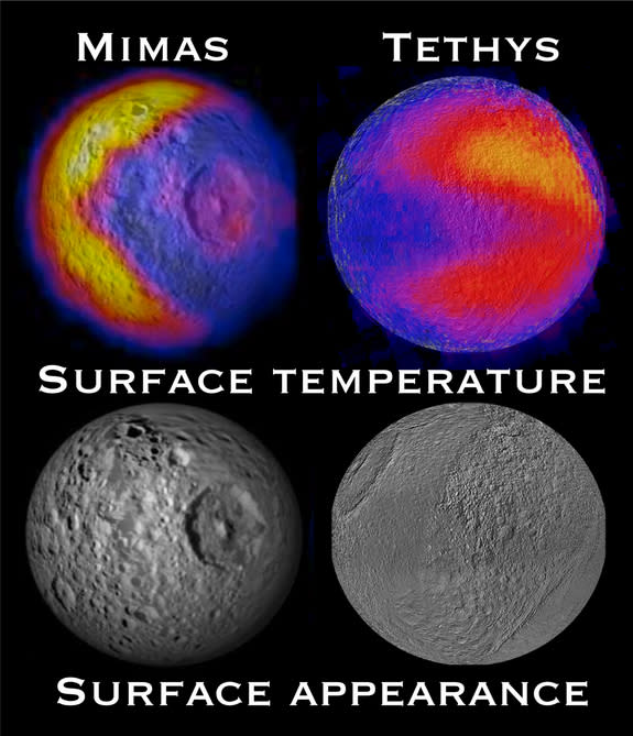 This view of the Pac-Man shapes on Saturn's moons Mimas and Tethys show variations in the heat signature of both moons as seen by an infrared-detecting tool on NASA's Cassini spacecraft.