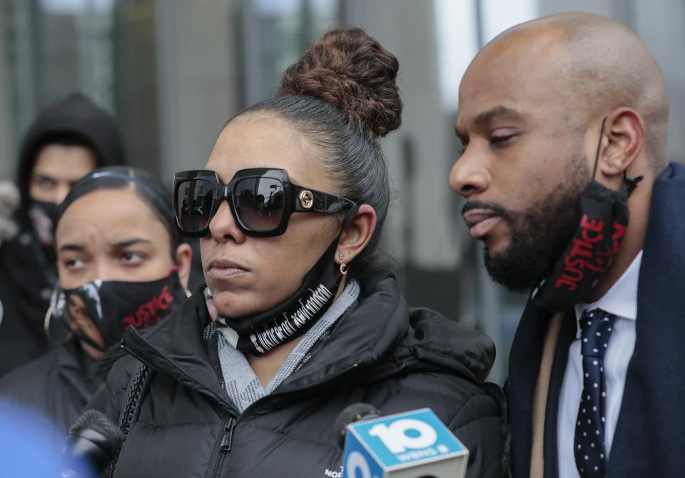 Tamala Payne, mother of Casey Goodson Jr., speaks with media following the initial appearance of former Columbus police officer Adam Coy on Friday, Feb. 5, 2021 at the Franklin County Common Pleas Courthouse in Columbus, Ohio.