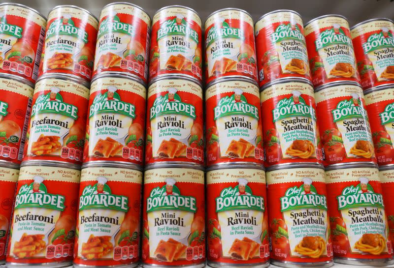 Cans of Chef Boyardee, owned by Conagra Brands, are seen for sale in a store in Manhattan, New York