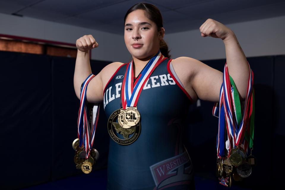 Americas wrestler Erica Cobos poses for a portrait on Tuesday, April 30, 2024 at Americas High School in El Paso, TX. Cobos won the Class 6A girls 235-pound division at the UIL state wrestling championship.