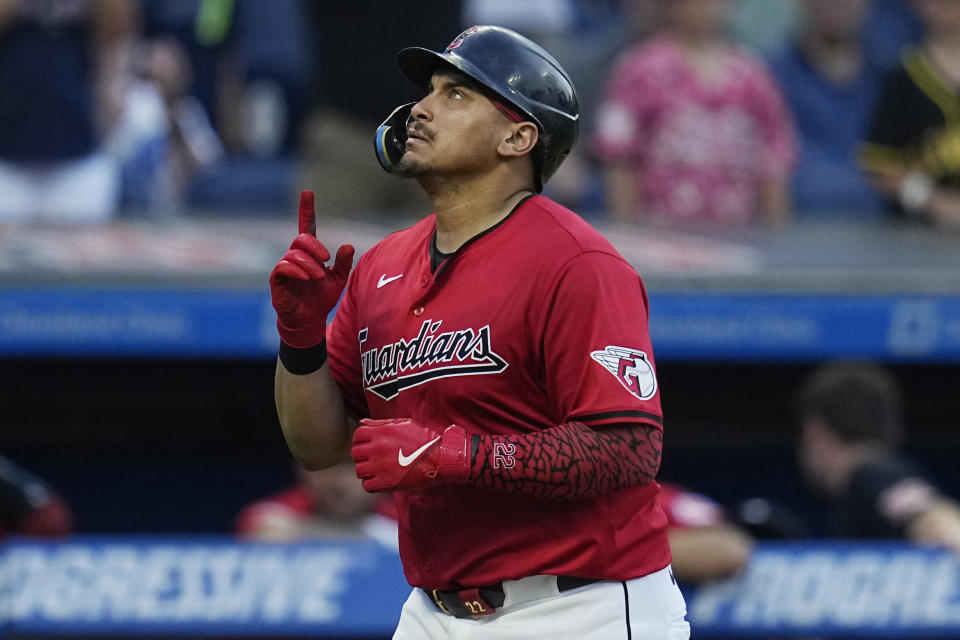 Cleveland Guardians' Josh Naylor gestures as he runs to home plate on a home run during the fifth inning of the team's baseball game against the Seattle Mariners, Wednesday, June 19, 2024, in Cleveland. (AP Photo/Sue Ogrocki)