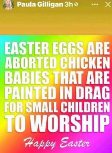 Gilligan shared a meme that called East eggs “aborted chicken babies that are painted in drag.” Instagram