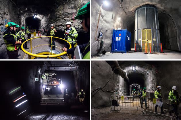 Workers and employees of Posiva, the company building Onkalo, are seen inside the dig site, along with an exhaust air shaft equipped with a maintenance and hoisting lift that can be used in emergency situations to lift people up from lower levels 290 meters underground. (Photo: Antti Yrjonen/NurPhoto via Getty Images)