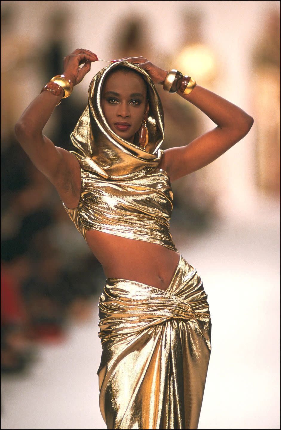 france   march 01  fashion show ready  to  wear fall  winter 91  92 in paris, france in march, 1991   yves saint laurent  photo by daniel simongamma rapho via getty images