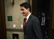 Canada Prime Minister Justin Trudeau leaves the House of Commons on Parliament Hill in Ottawa, Ontario, after making a statement on Monday, Sept. 18, 2023. (Justin Tang/The Canadian Press via AP)
