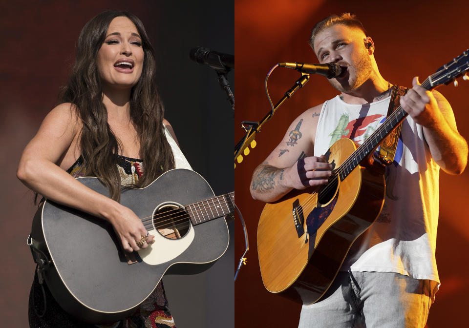 Kacey Musgraves durante su presentación en el Festival de Glastonbury en Worthy Farm, Somerset, Inglaterra el 26 de junio de 2022, izquierda, y Zach Bryan durante su presentación en e el festival Windy City Smokeout el 13 de julio de 2023, en Chicago. "I Remember Everything" de Bryan y Musgraves fue elegida una de las canciones del año por The Associated Press. (Foto AP)