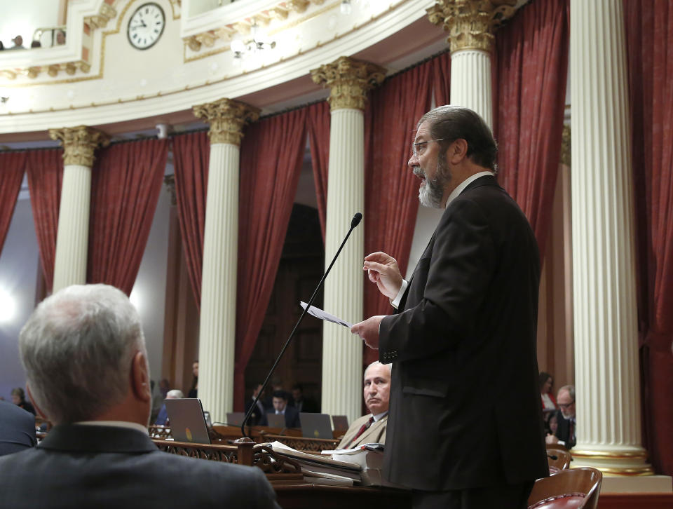 State Sen. John Moorlach, R-Costa Mesa, calls on lawmakers to reject a measure to toughen the rules for vaccination exemptions Wednesday, May 22, 2019, in Sacramento, Calif. The Senate approved the bill, SB276, by state Sen. Richard Pan, D-Sacramento, that gives state public health officials instead of local doctors the power to decide which children can skip their shots before attending school. The bill now goes to the Assembly.(AP Photo/Rich Pedroncelli)