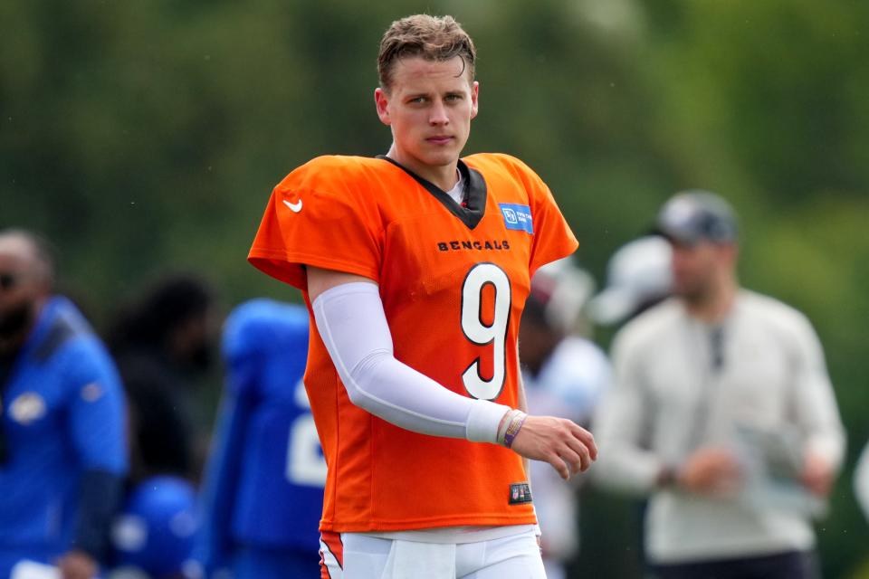 Cincinnati Bengals quarterback Joe Burrow (9) looks toward the sideline during a joint practice with the Los Angeles Rams, Wednesday, Aug. 24, 2022, at the Paycor Stadium practice fields in Cincinnati.