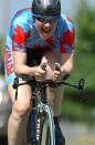 Clara Hughes of Canada competes in the 30 km women's time trial road cycling at the XIV Pan American Games in Santo Domingo, Dominican Republic, Monday, Aug. 11, 2003. Hughes won the silver medal. (AP Photo/Andres Leighton)