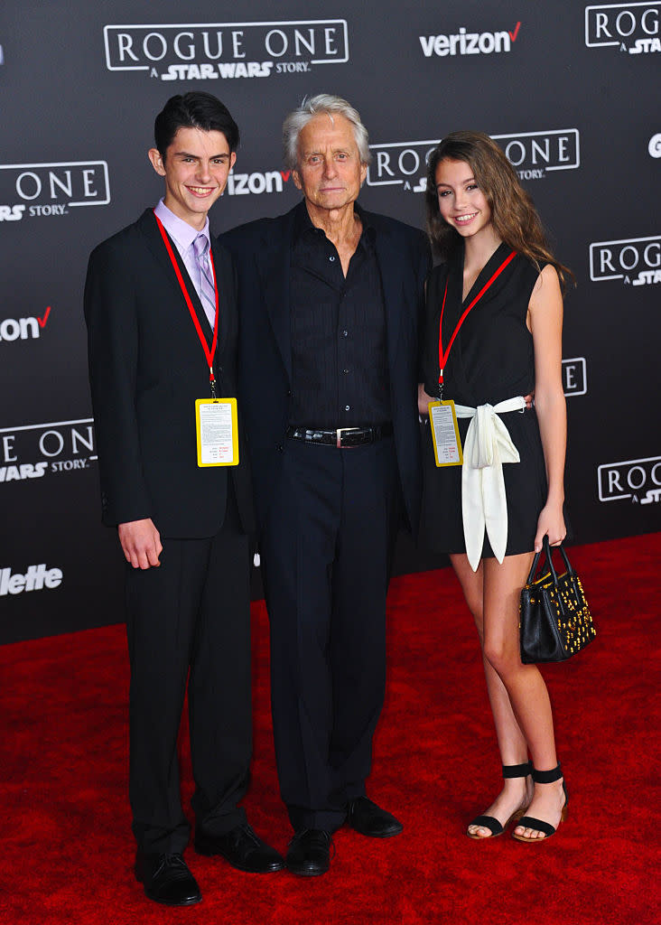 Michael Douglas walks the red carpet with son Dylan and daughter Carys at the premiere of “Rogue One: A Star Wars Story” in December 2016. (Photo: Albert L. Ortega/Getty Images)