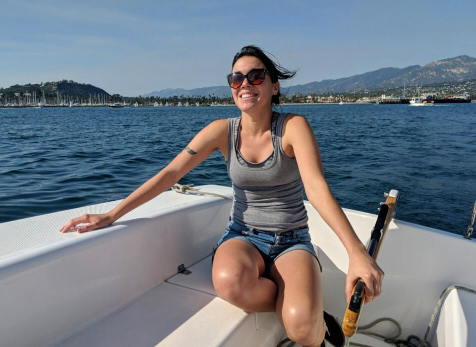 This June 2018 photo provided by Rob McClelland shows Allie Kurtz aboard a sailboat. Kurtz, a 26-year-old scuba diving boat crewmember who loved the ocean and had just landed her dream job, is among multiple victims of a deadly fire that torched a dive boat off Southern California&#39;s coast, her family said on Wednesday, Sept. 4, 2019. Kurtz recently left a job in movie promotion with Paramount to follow her heart and work on the sea, said her grandmother, Doris Lapporte. (Rob McClelland via AP)