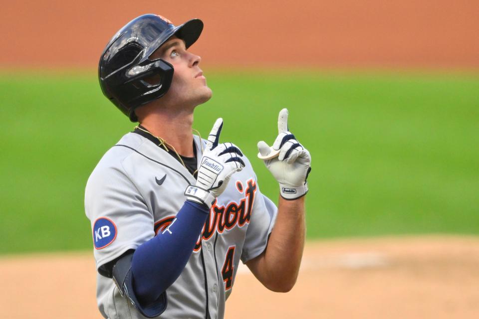 Tigers designated hitter Kerry Carpenter celebrates after hitting a two-run home run in the first inning on Tuesday, Aug. 16, 2022, in Cleveland.