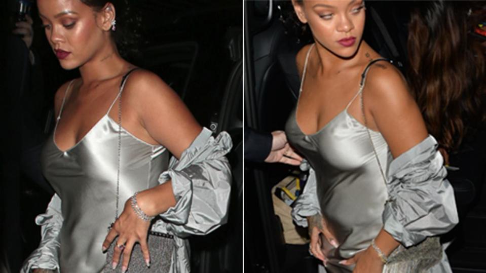 Rihanna shows off her curves in a sexy silver frock