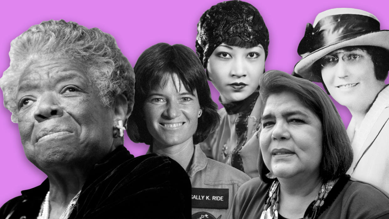 Maya Angelou, Sally Ride, Anna May Wong, Wilma Mankiller and Adelina Otero-Warren. (Photo illustration: Yahoo News; photos: Jemal Countess/WireImage via Getty Images, NASA/Interim Archives/Getty Images, Sasha/Hulton Archive/Getty Images, Peter Turnley/Corbis/VCG via Getty Images, Library of Congress)