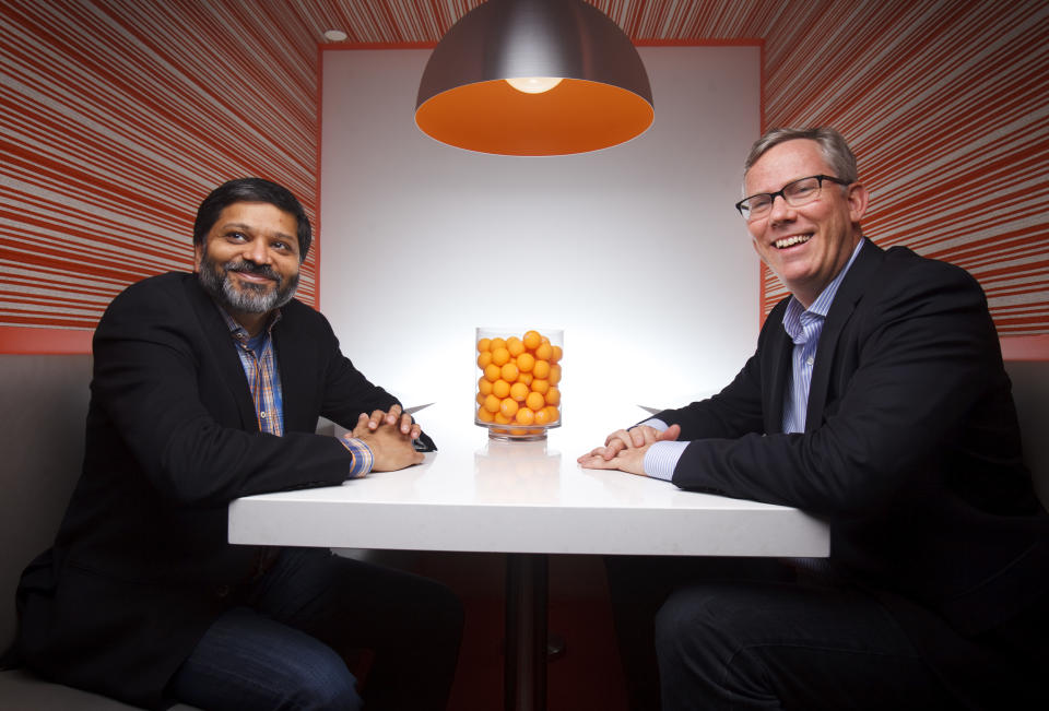 CAMBRIDGE, MA - NOVEMBER 24: Dharmesh Shah and Brian Halligan, founders of Cambridge, MA-based marketing firm HubSpot, pose for a portrait on Nov. 24, 2014. (Photo by Dina Rudick/The Boston Globe via Getty Images)