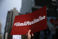 <p>A protester holds a sign at the “I am a Muslim too” rally at Times Square in New York City on Feb. 19, 2017. (Gordon Donovan/Yahoo News) </p>