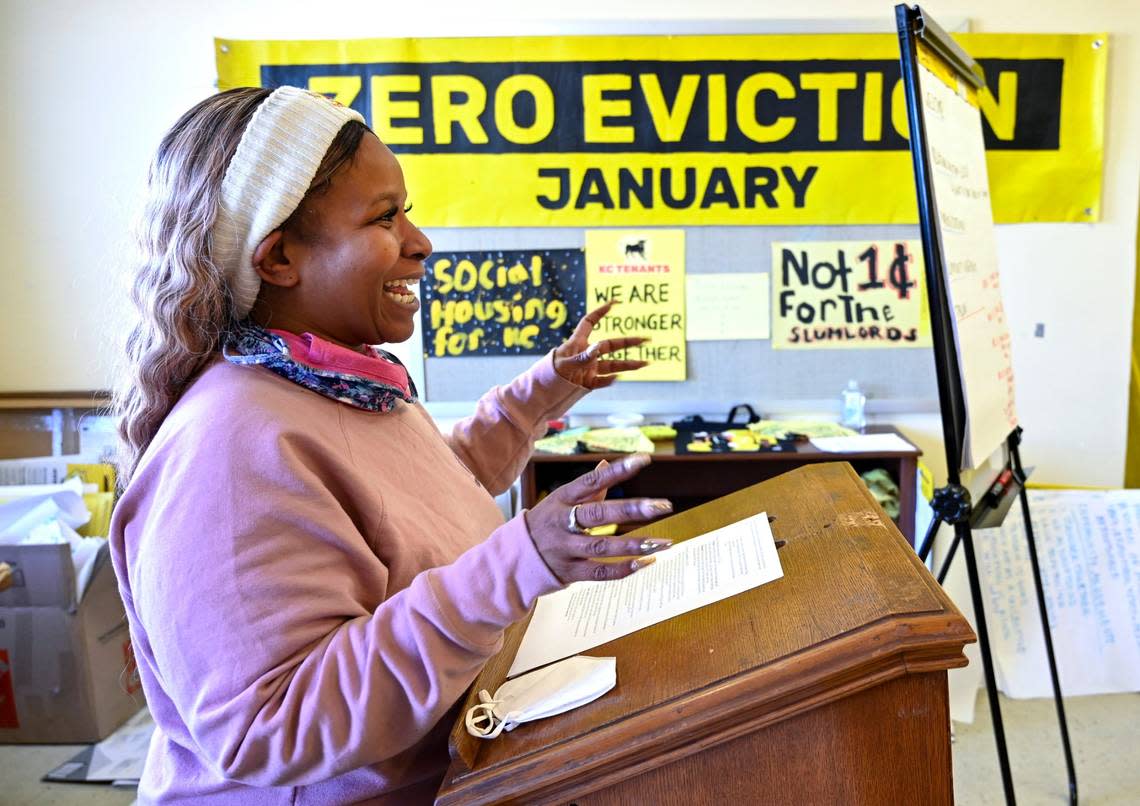 Tiana Caldwell, a leader with KC Tenants, addresses a group about the group’s work to reduce evictions in Kansas City.