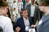 Rep. Madison Cawthorn, R-N.C., talks to supporters at his primary election night watch party in Hendersonville, N.C., May 17, 2022. (AP Photo/Nell Redmond, File)