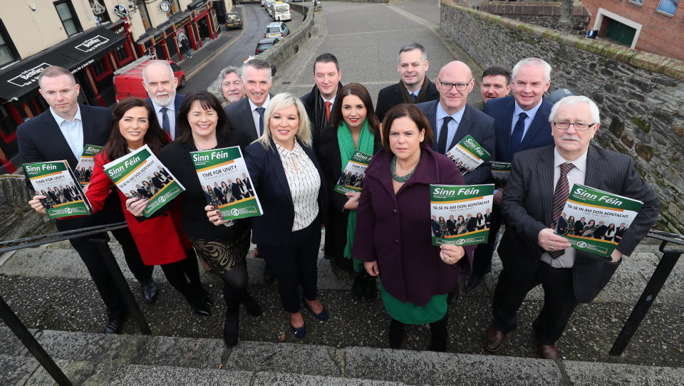 Sinn Fein's Leaders Mary Lou McDonald (centre right) and Michellle O'Neill (centre left) with some of their General Election candidates at the launch of the party's manifesto at the Playhouse Theater in Londonderry.