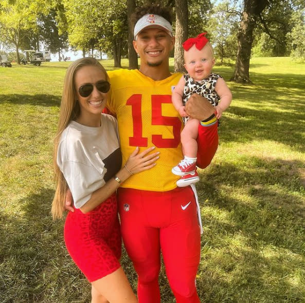 <p>"Sterling's First Camp," Mahomes captioned a photo with Matthews and their little girl — who, of course, dressed for the occasion with a red bow and tiny red Converse. </p>