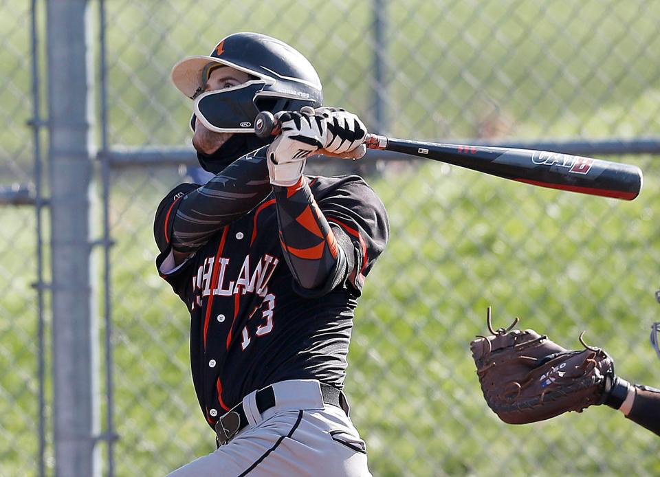 Ashland High School's Ethan Bounce (13) bats against West Holmes High School during high school baseball action Tuesday, April 18, 2023 at West Holmes High School. TOM E. PUSKAR/ASHLAND TIMES-GAZETTE