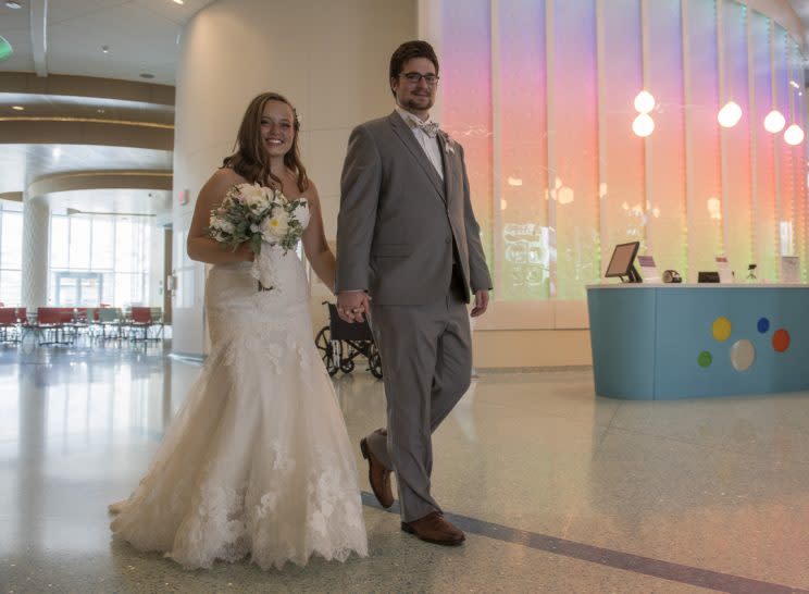 Foster Rozema and her new husband in the hospital. (Photo: Chris Clark, Spectrum Health Beat)