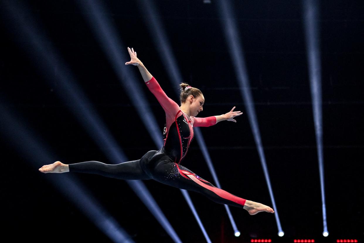 German Olympian Sarah Voss is pictured wearing a full length bodysuit at the European Artistic Gymnastics Championship in April 2021.