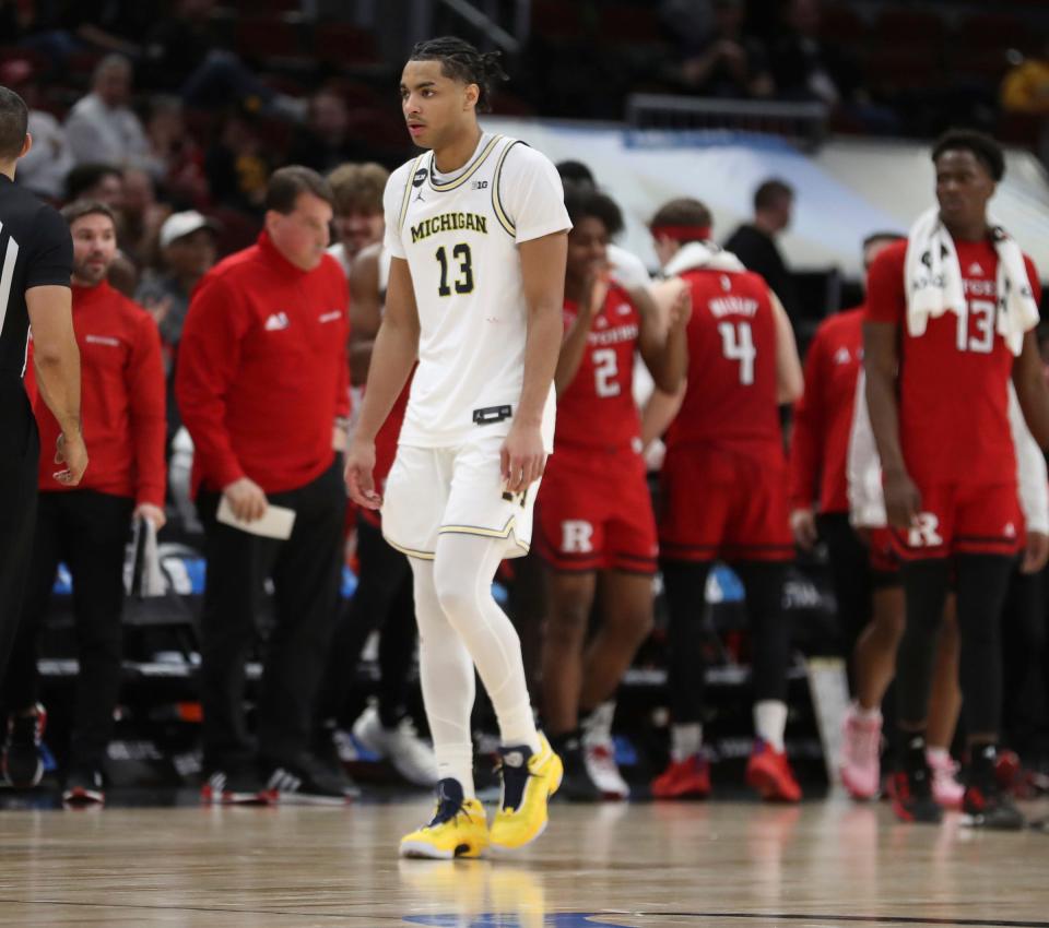 Michigan Wolverines guard Jett Howard walks off the court after the 62-50 Big Ten tournament loss against the Rutgers Scarlet Knights at United Center in Chicago on Thursday, March 9, 2023.