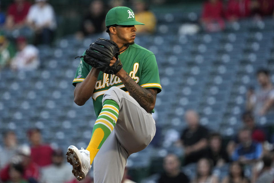 Oakland Athletics starting pitcher Luis Medina throws to the plate during the first inning of a baseball game against the Los Angeles Angels Wednesday, April 26, 2023, in Anaheim, Calif. (AP Photo/Mark J. Terrill)