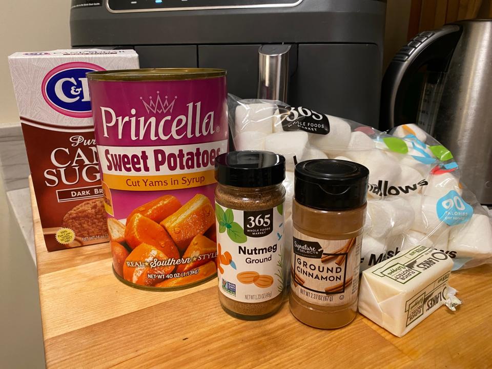 sweet potato casserole ingredients on a kitchen counter