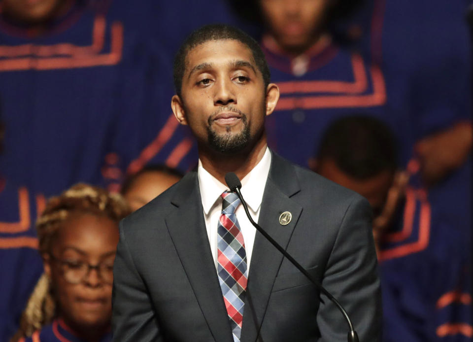 FILE - In this Oct. 23, 2019, file photo, Baltimore Council President Brandon Scott speaks during a viewing service for the late U.S. Rep. Elijah Cummings at Morgan State University in Baltimore. Scott has won the Democratic nomination for Baltimore mayor. The victory on Tuesday, June 9, 2020, exactly a week after the election was held, puts Scott in a strong position to be the next mayor of the struggling city. (AP Photo/Julio Cortez, File)