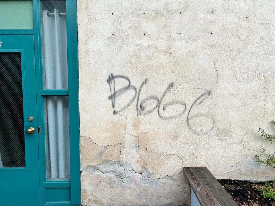 The letter and numbers “B666” were spray painted along with a swastika on a wall at the Idaho Building in downtown Boise.