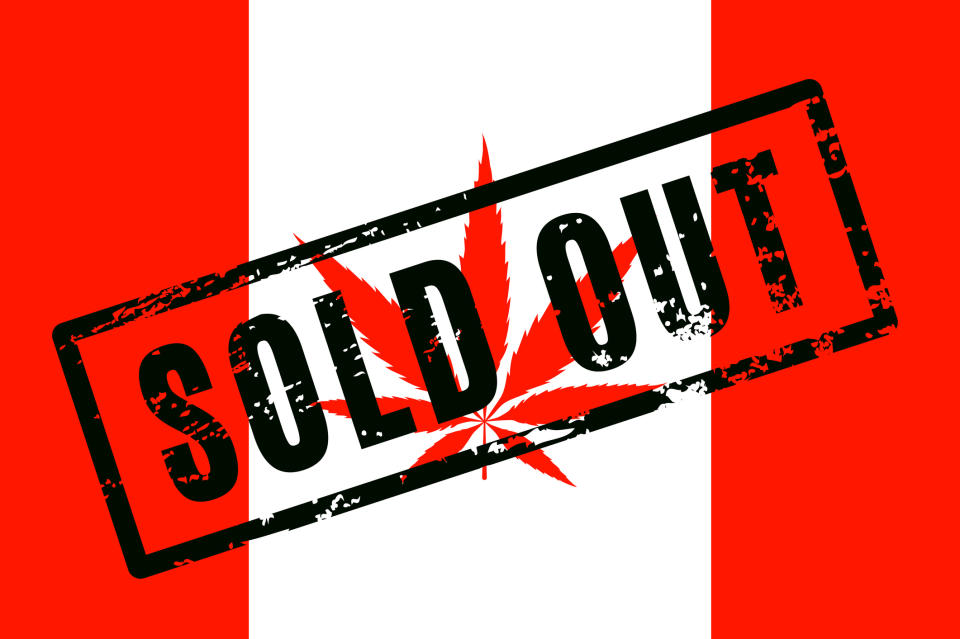 A Canadian flag with a cannabis leaf in place of the red maple leaf, and the words "Sold Out" stamped across the flag.