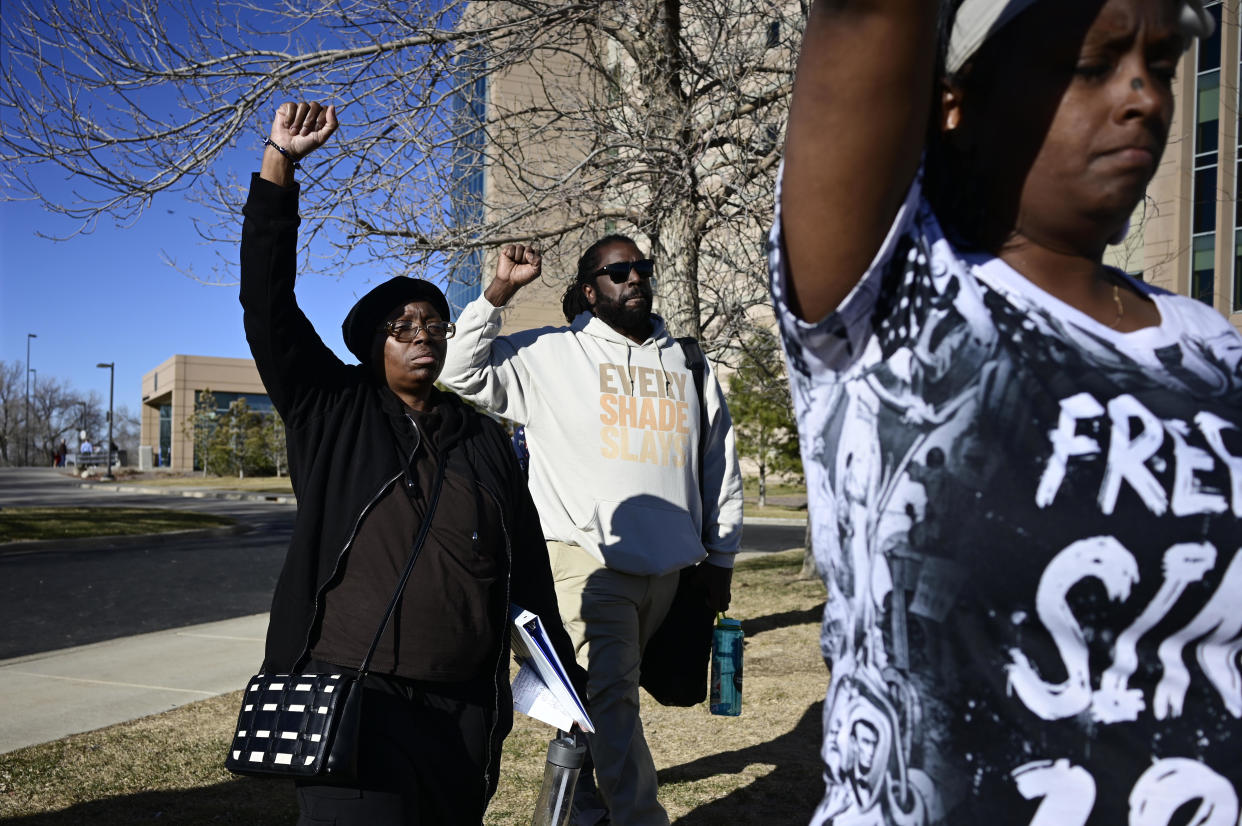 Sheneen McClain, left, the mother of Elijah McClain, and a supporter leave the Adams County Justice Center in Brighton, Colorado on Friday, March 1, 2024. A jury convicted Peter Cichuniec of criminally negligent homicide in the 23-year-old's death in 2019. / Credit: Photo by Hyoung Chang/The Denver Post via Getty Images