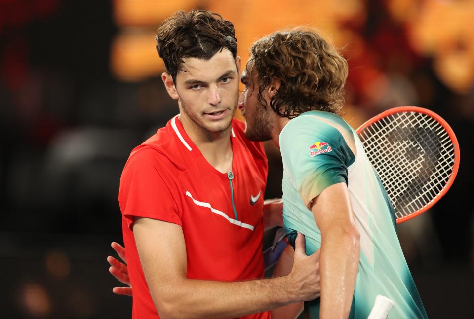 Stefanos Tsitsipas, pictured here embracing Taylor Fritz after their epic clash at the Australian Open.