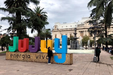 A woman stands in a plaza in front of the provincial government's headquarters in San Salvador de Jujuy