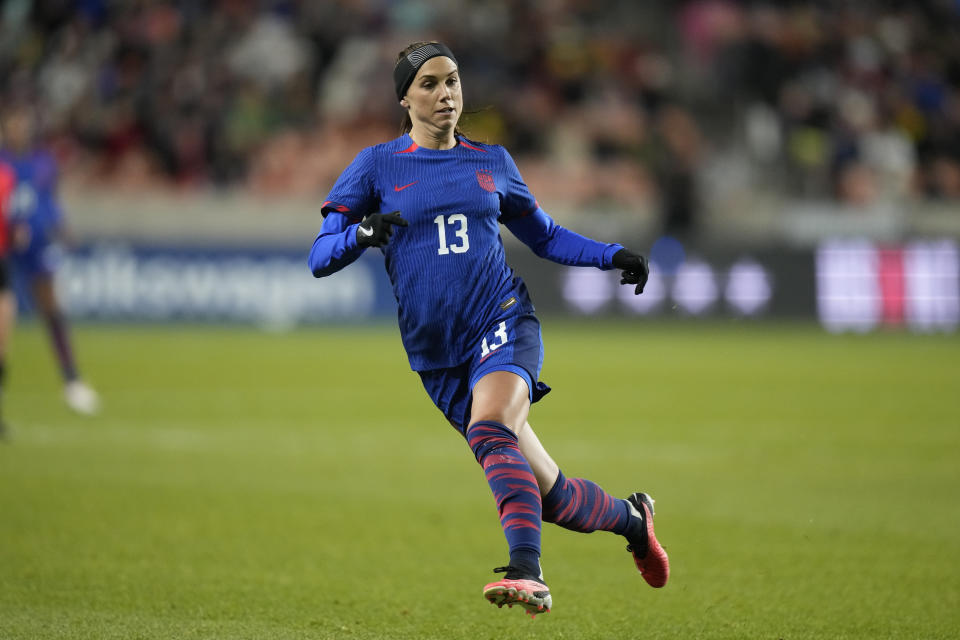 U.S. forward Alex Morgan (13) runs upfield during the first half of the team's international friendly soccer match against Colombia on Thursday, Oct. 26, 2023, in Sandy, Utah. (AP Photo/Rick Bowmer)