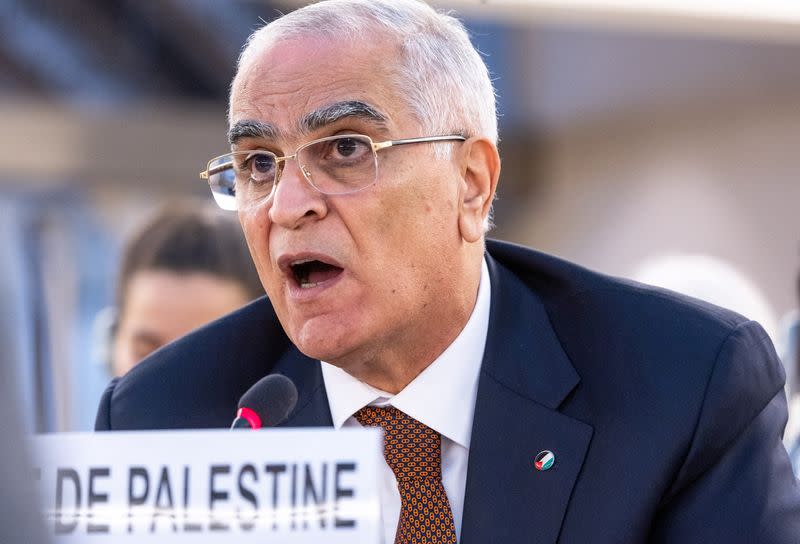 Khraishi Ambassador of Palestine to the U.N. attends a session after the address of Turk in Geneva