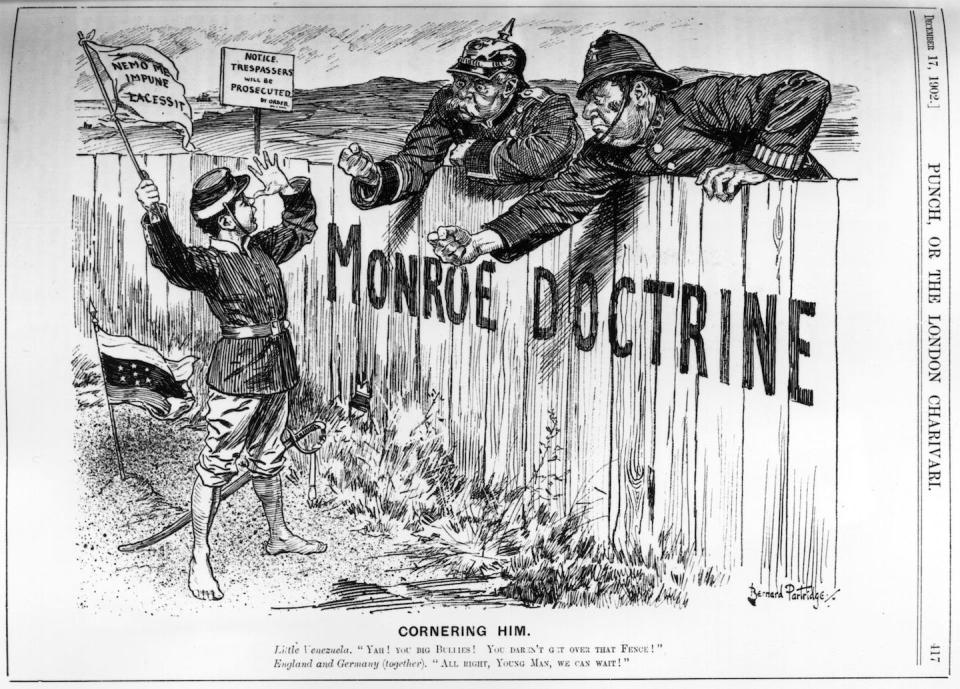 A 1902 caricature of England and Germany trying to overcome the Monroe Doctrine. <a href="https://www.gettyimages.com/detail/news-photo/caricature-of-england-and-germany-responding-to-the-news-photo/3305759?adppopup=true" rel="nofollow noopener" target="_blank" data-ylk="slk:Hulton Archive/Getty Images;elm:context_link;itc:0;sec:content-canvas" class="link ">Hulton Archive/Getty Images</a>