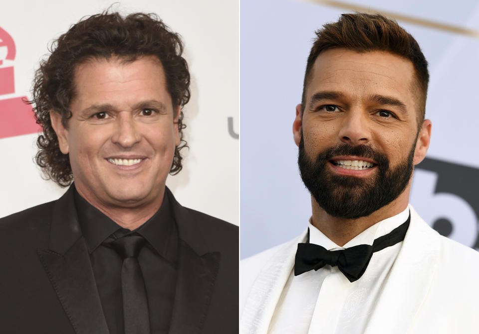 Carlos Vives posa en la ceremonia de los Latin Grammy en Las Vegas el 17 de noviembre de 2016, izquierda, y Ricky Martin llega a la entrega de los Premios SAG en Los Angeles el 27 de enero de 2019. Los astros latinos lanzan su primer colaboración, el tema dedicado a Puerto Rico "Canción bonita", el martes 13 de abril de 2021. (AP Foto)