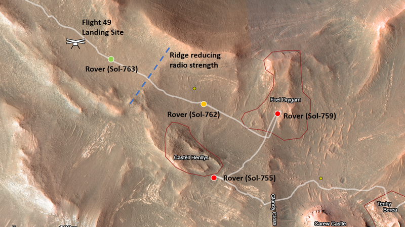 A graphic showing Ingenuity's location and Perseverance's path close to the uncommunicative rotorcraft.