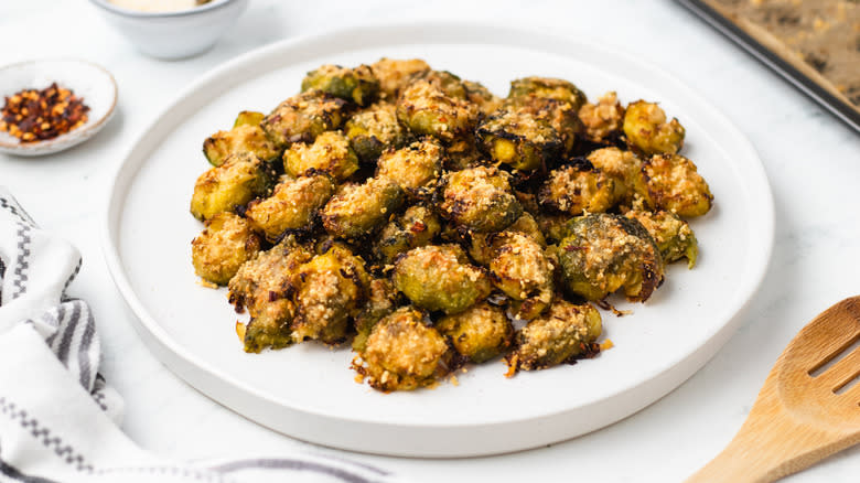 Smashed Brussels sprouts on a plate